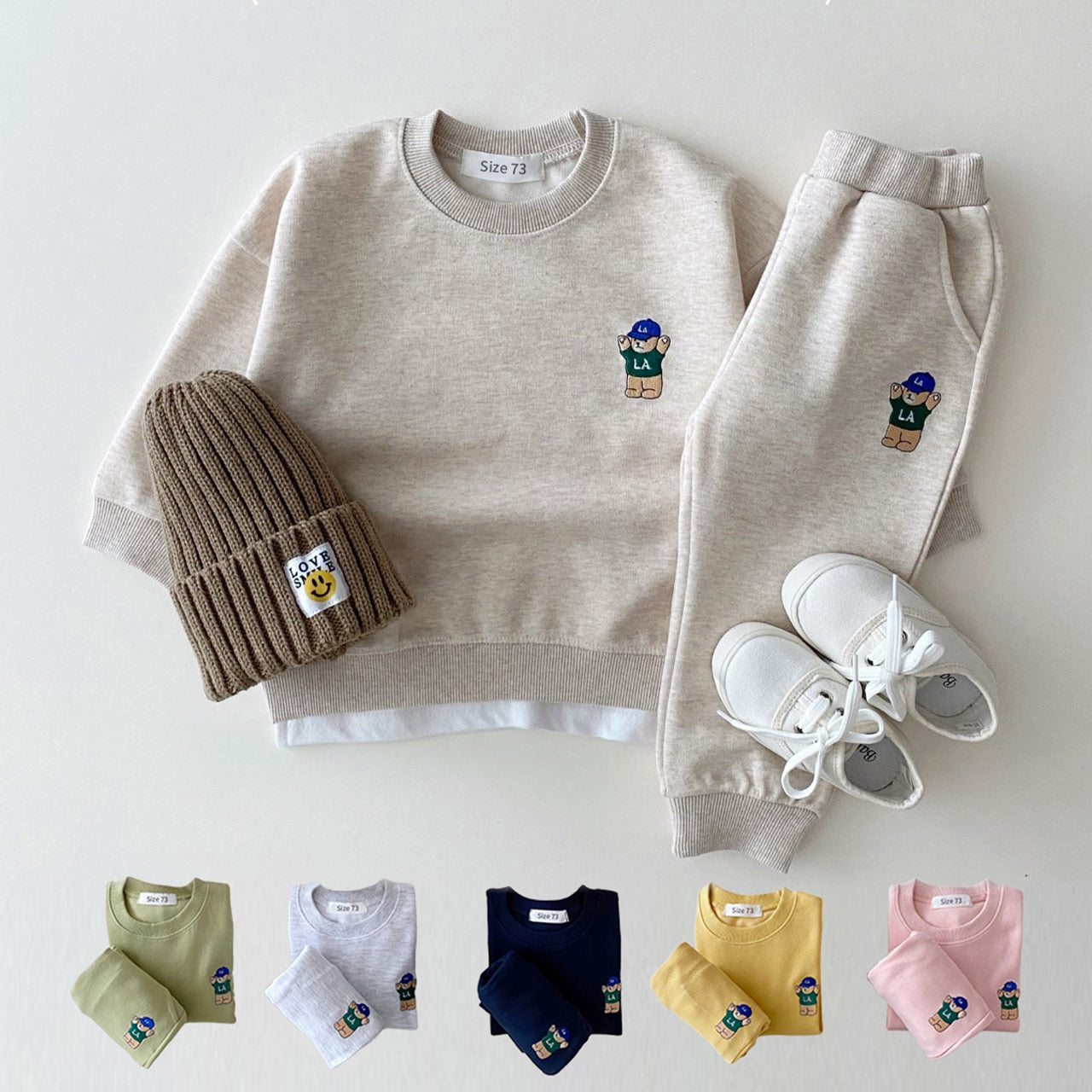 Basic Cotton Embroidered Bear Sweatshirt + Pants